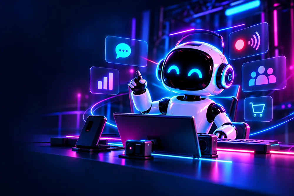 Robô assistente do Live Radar em um estúdio azul e magenta